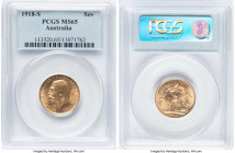 George V gold Sovereign 1918-S MS65 PCGS, Sydney mint, KM29, S-4003. An assortment of champagne and amber hues are illuminated when observed with move...