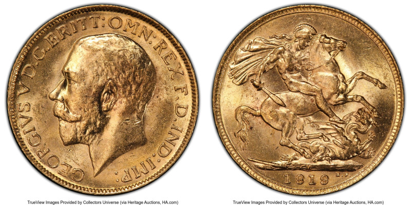 George V gold Sovereign 1919-M MS63 PCGS, Melbourne mint, KM29, S-3999. HID09801...