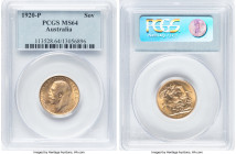 George V gold Sovereign 1920-P MS64 PCGS, Perth mint, KM29, S-4001. On the cusp of Gem designation, with compelling eye-appeal and attractive luster. ...