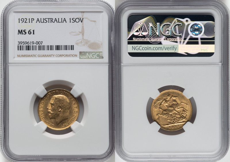 George V gold Sovereign 1921-P MS61 NGC, Perth mint, KM29, S-4001. HID0980124201...