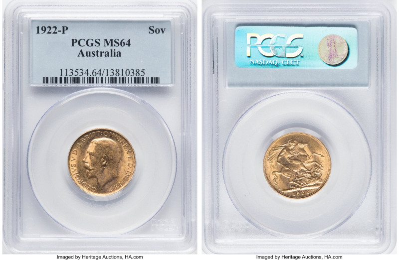 George V gold Sovereign 1922-P MS64 PCGS, Perth mint, KM29, S-4001. Just two exa...