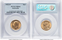 George V gold Sovereign 1922-P MS64 PCGS, Perth mint, KM29, S-4001. Just two examples place higher on the PCGS census. Exhibiting glossy surfaces and ...