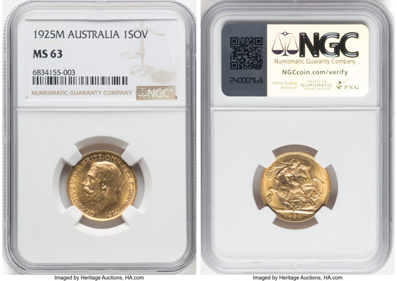 George V gold Sovereign 1925-M MS63 NGC, Melbourne mint, KM29, S-3999. HID098012...