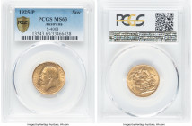 George V gold Sovereign 1925-P MS63 PCGS, Perth mint, KM29, S-4001. A wholly appreciable Choice Mint State offering, currently bested by just three ex...