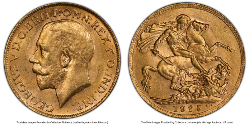 George V gold Sovereign 1925-P MS63 PCGS, Perth mint, KM29, S-4001. Pastel champ...