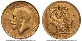 George V gold Sovereign 1925-P MS63 PCGS, Perth mint, KM29, S-4001. Pastel champagne tones accentuate every detail. HID09801242017 © 2023 Heritage Auc...