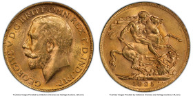 George V gold Sovereign 1925-P MS63 PCGS, Perth mint, KM29, S-4001. An eye-catching Choice Mint State offering, currently bested by only three other e...