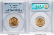 George V gold Sovereign 1931-M MS63 PCGS, Melbourne mint, KM32, S-4000. Scarcer date and mint combination featuring sun gold brilliance absent any lar...