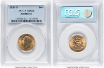George V gold Sovereign 1931-P MS65 PCGS, Perth mint, KM32, S-4002. Ranked at the penultimate grade point at PCGS and very appreciable at this Gem sta...