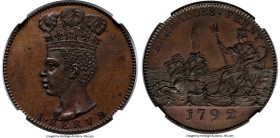 British Colony copper Proof Restrike Penny Token 1792 PR64 Brown NGC, London mint, KM-Tn10, Prid-23. An appreciable high-grade example of this popular...