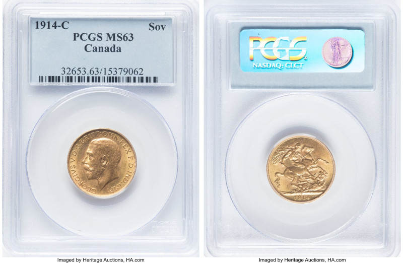 George V gold Sovereign 1914-C MS63 PCGS, Ottawa mint, KM20, S-3997. Honey-champ...