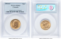 George V gold Sovereign 1914-C MS63 PCGS, Ottawa mint, KM20, S-3997. Honey-champagne surfaces creates an eye-appealing Choice example of the type. HID...