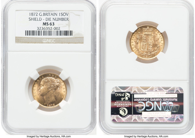 Victoria gold "Shield" Sovereign 1872 MS63 NGC, KM752, S-3856A. Die number 95. H...