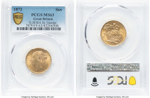 Victoria gold "St. George" Sovereign 1872 MS63 PCGS, KM752, S-3856A. A Choice example of this lovely type with a subtle cartwheel luster to enhance th...