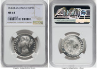 British India. Victoria Rupee 1840-(b & c) MS63 NGC, Bombay & Calcutta mint, KM458.2, S&W-3.33. 28 Berries, W.W. raised, large diamonds. HID0980124201...