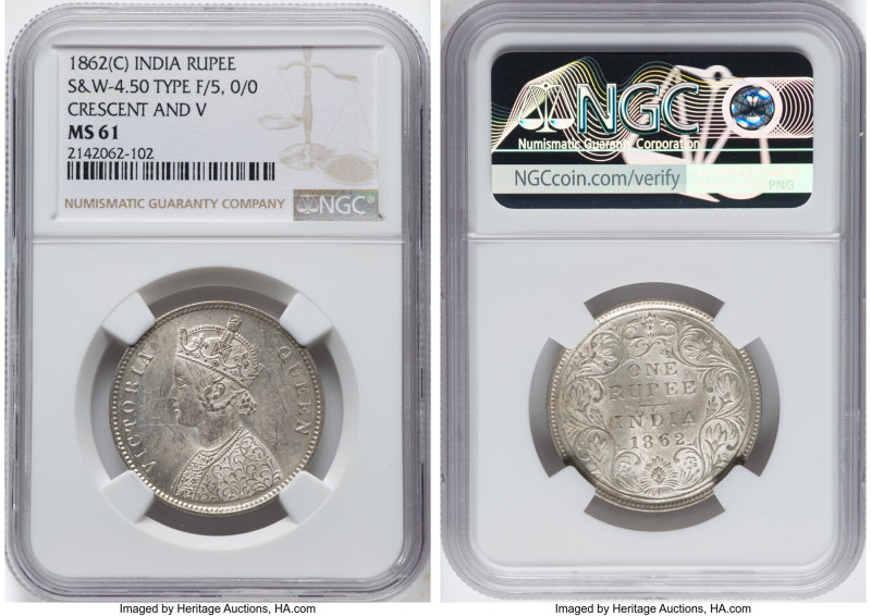 British India. Victoria Rupee 1862-(C) MS61 NGC, Calcutta mint, KM473.1, S&W-4.5...