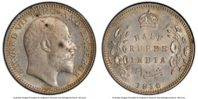 British India. Edward VII 1/2 Rupee 1910-(c) MS62 PCGS, Calcutta mint, KM507, S&W-7.70, Prid-314. Elusive and sought-after Edwardian half Rupee, parti...