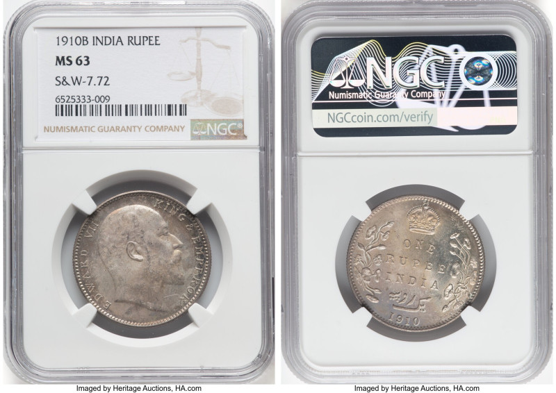 British India. Edward VII Rupee 1910-B MS63 NGC, Bombay mint, KM508, S&W-7.72. I...