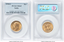 British India. George V gold Sovereign 1918-I MS65 PCGS, Bombay mint, KM-A525, S-3998. An attractive offering with warm amber tone, presently tied for...