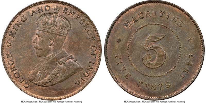 British Colony. George V 5 Cents 1923 MS65 Brown NGC, KM14. Presently tied for t...