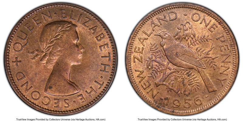 Elizabeth II Penny 1956 MS63 Red and Brown PCGS, KM24.1. No strap variety. HID09...