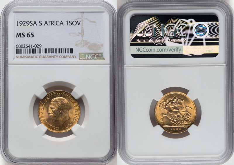 George V gold Sovereign 1929-SA MS65 NGC, Pretoria mint, KM-A22, S-4005. Beautif...