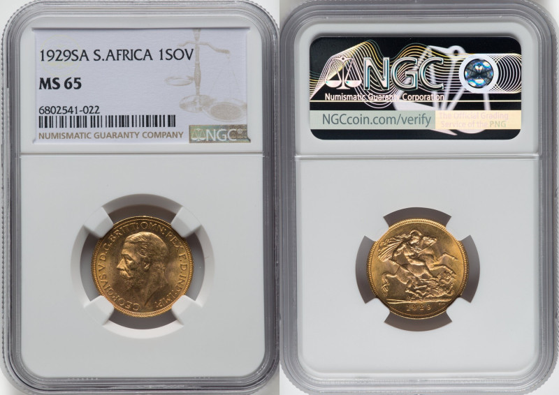 George V gold Sovereign 1929-SA MS65 NGC, Pretoria mint, KM-A22, S-4005. Lemon-h...