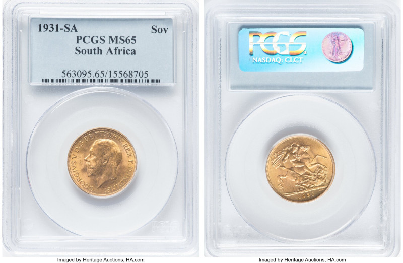 George V gold Sovereign 1931-SA MS65 PCGS, Pretoria mint, KM-A22, S-4005. Bestow...