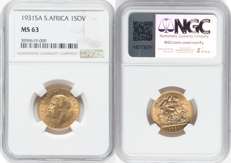 George V gold Sovereign 1931-SA MS63 NGC, KM-A22, S-4005. A dancing cartwheel lu...