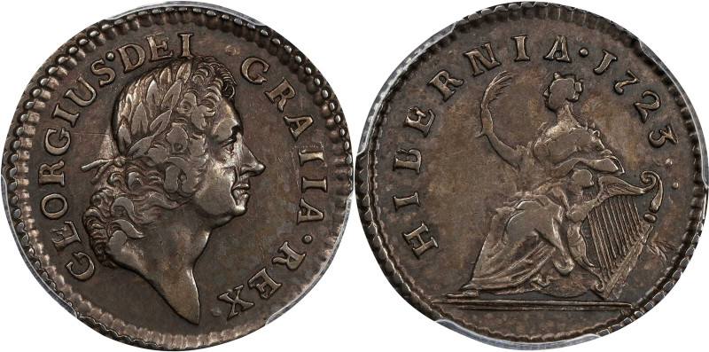 1723 Wood’s Hibernia Farthing. Martin 3.23-C.1, W-12540. Rarity-8. Silver. EF-45...