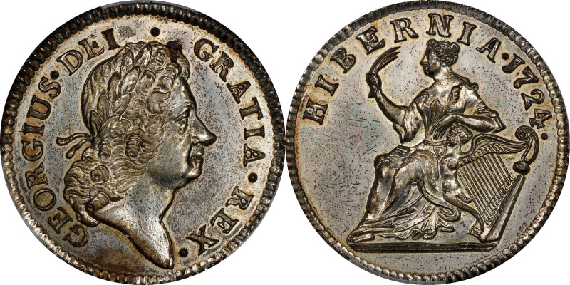 1724 Wood’s Hibernia Halfpenny. Martin 4.9-J.1, W-13690. Rarity-7. Silvered bron...