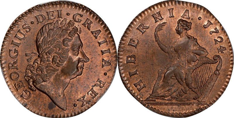 1724 Wood’s Hibernia Halfpenny. Martin 8.1-L.2, W-unlisted. Rarity-7. MS-64 RD (...