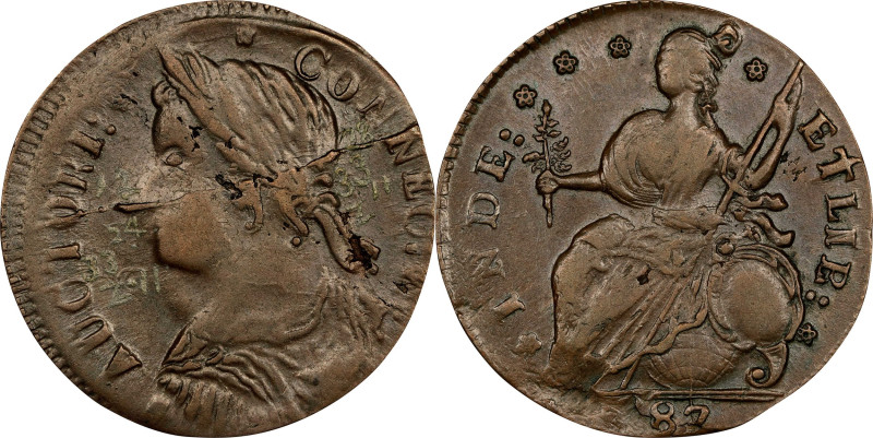 1787 Connecticut Copper. Miller 33.28-Z.11, W-3765. Rarity-5+. Draped Bust Left,...