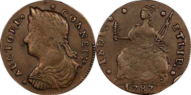 1787 Connecticut Copper. Miller 33.36-T.1, W-3875. Rarity-5+. Draped Bust Left, ...