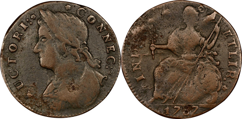 1787 Connecticut Copper. Miller 33.38-gg.1, W-3945. Rarity-5+. Draped Bust Left,...