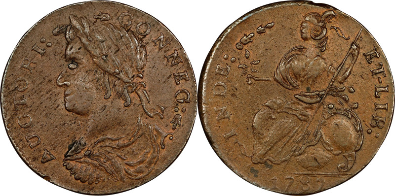 1787 Connecticut Copper. Miller 34-k.3, W-4055. Rarity-7. Draped Bust Left. AU-5...