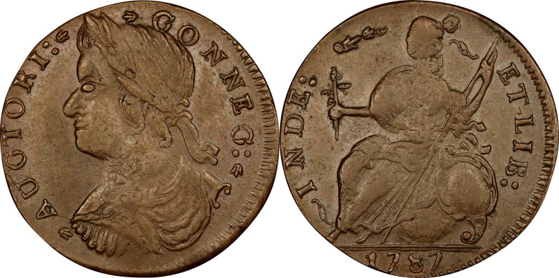 1787 Connecticut Copper. Miller 37.4-k.1, W-4115. Rarity-3. Draped Bust Left. AU...