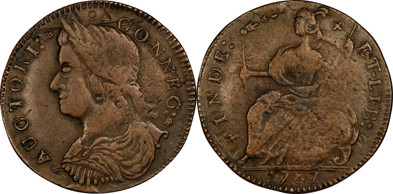 1787 Connecticut Copper. Miller 37.15-h.3, W-4195. Rarity-7. Draped Bust Left. E...