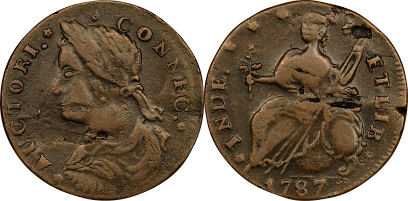 1787 Connecticut Copper. Miller 43.2-X.4, W-4255. Rarity-5. Draped Bust Left, CO...