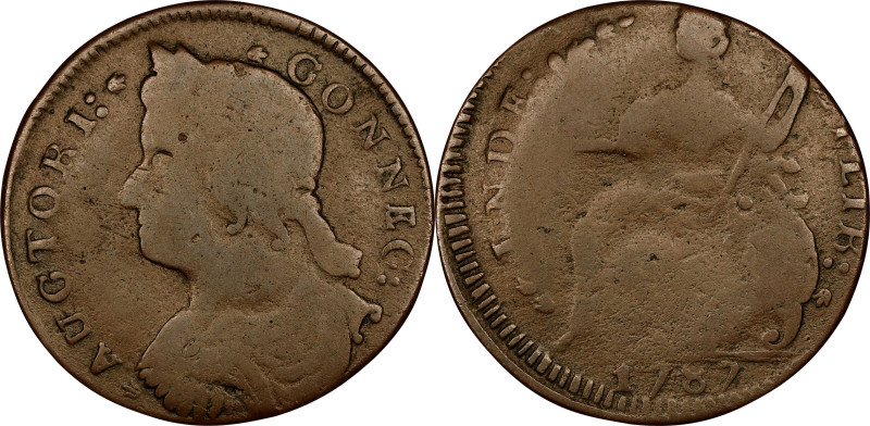 1787 Connecticut Copper. Miller 56-XX, W-4340. Rarity-7-. Draped Bust Left. VG-1...