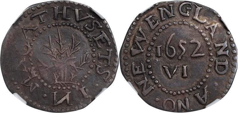 1652 Oak Tree Sixpence. Noe-21.5, Salmon 2a-B, W-400. Rarity-5. IN on Obverse. E...