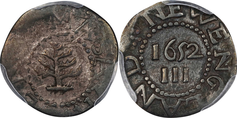 1652 Pine Tree Threepence. Noe-36, Salmon 2-B, W-640. Rarity-4. Without Pellets ...