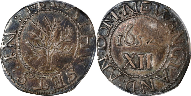 1652 Oak Tree Shilling. Noe-1, Salmon 1-A, W-430. Rarity-3. IN at Left. AU-53 (P...