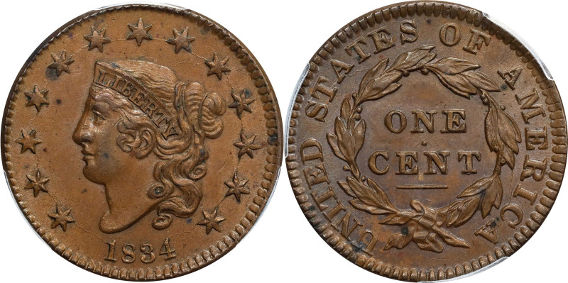 1834 Matron Head Cent. N-2. Rarity-1. Small 8. MS-63 BN (PCGS).

Hard and fros...