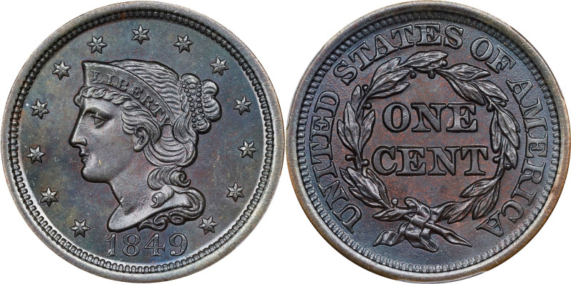 1849 Braided Hair Cent. N-22, 6. Rarity-1. MS-65 BN (PCGS).

A hard, deep oliv...