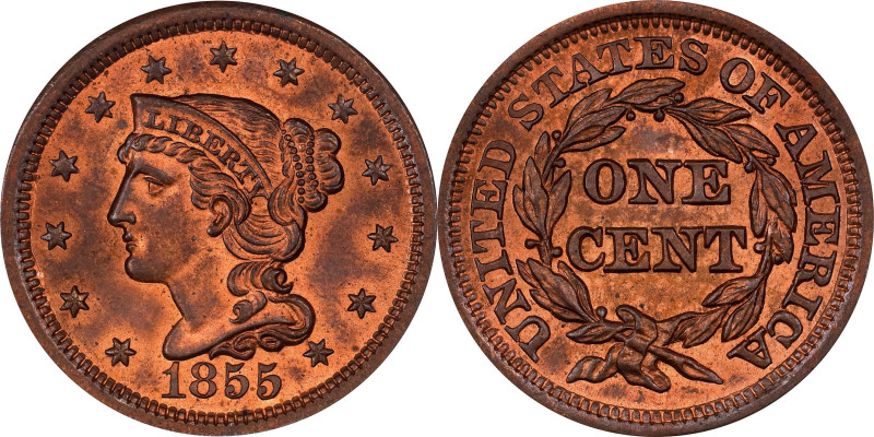 1855 Braided Hair Cent. N-4. Rarity-1. Upright 5s. MS-65 RB (PCGS).

A lovely ...