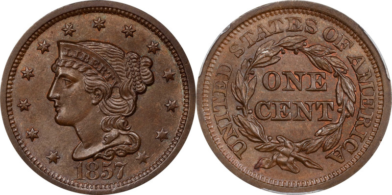 1857 Braided Hair Cent. N-1. Rarity-1. Large Date. MS-64 BN (PCGS).

A lustrou...