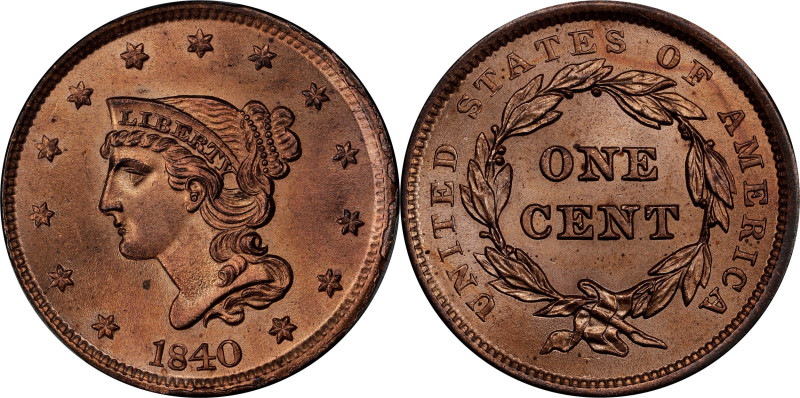 1840 Braided Hair Cent. N-8. Rarity-1. Large Date. MS-65+ RD (PCGS).

Boldly l...