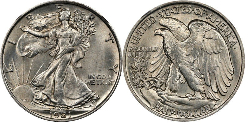 1921 Walking Liberty Half Dollar. MS-65 (NGC).

Brilliant and pearly white, th...