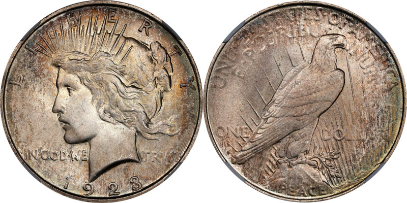 1923-D Peace Silver Dollar. MS-67 (NGC).

Beautiful frosty surfaces are toned ...